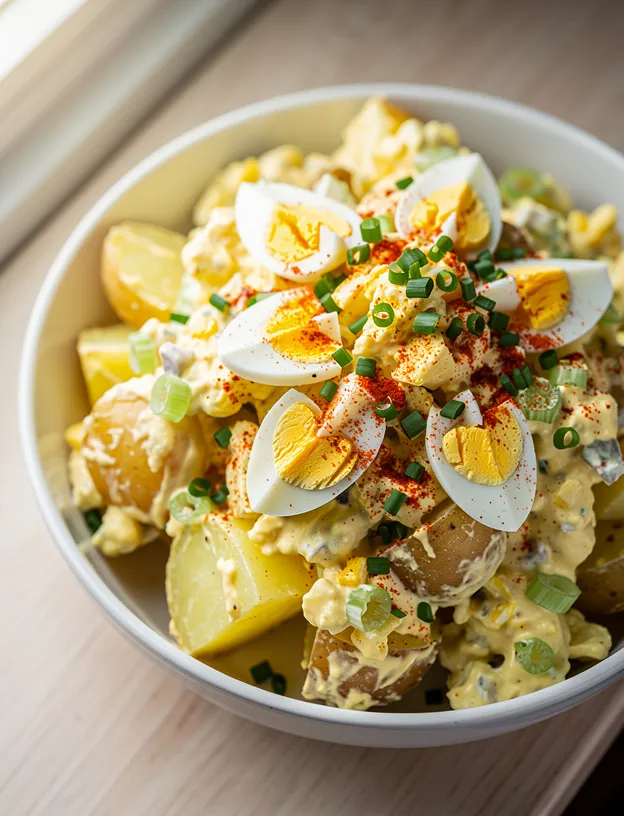 Deviled egg potato salad with creamy dressing, boiled eggs, and chives