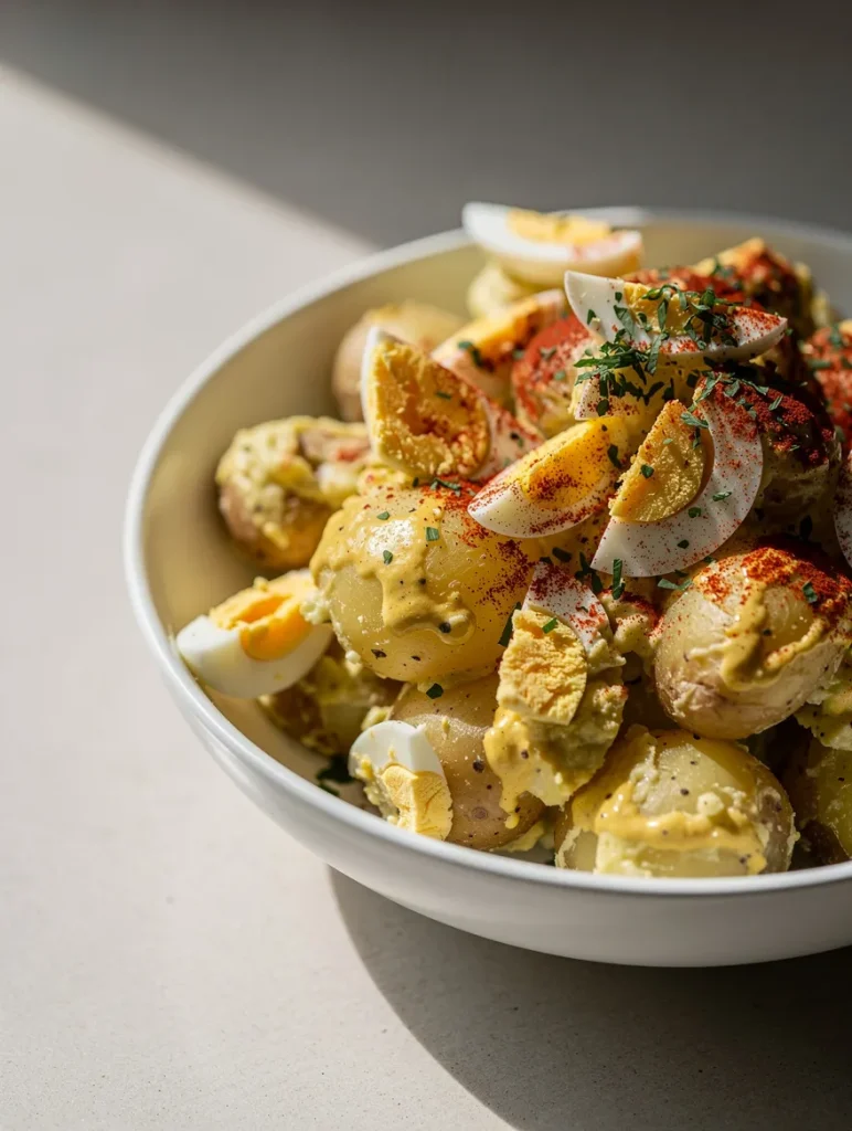 Deviled egg potato salad with creamy mustard dressing, eggs, and paprika