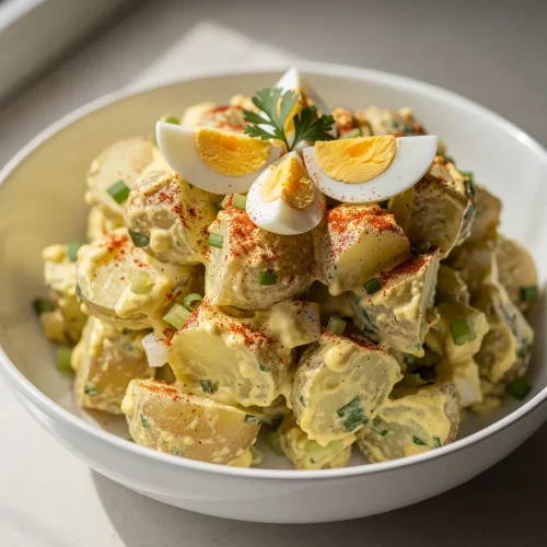 Deviled egg potato salad with creamy dressing, chopped eggs, and paprika garnish