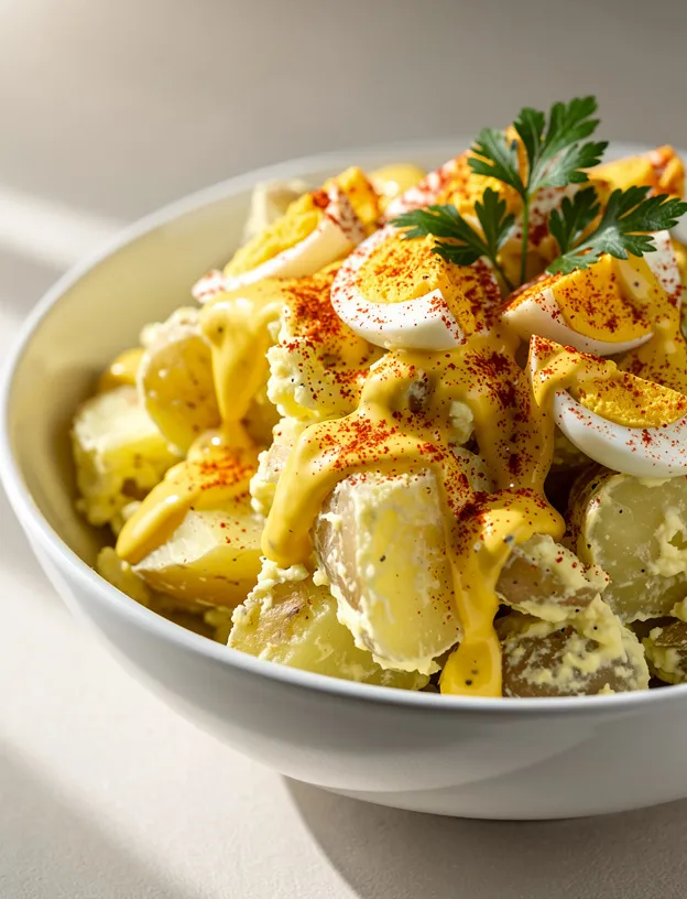 Deviled egg potato salad with creamy dressing, sliced eggs, and paprika