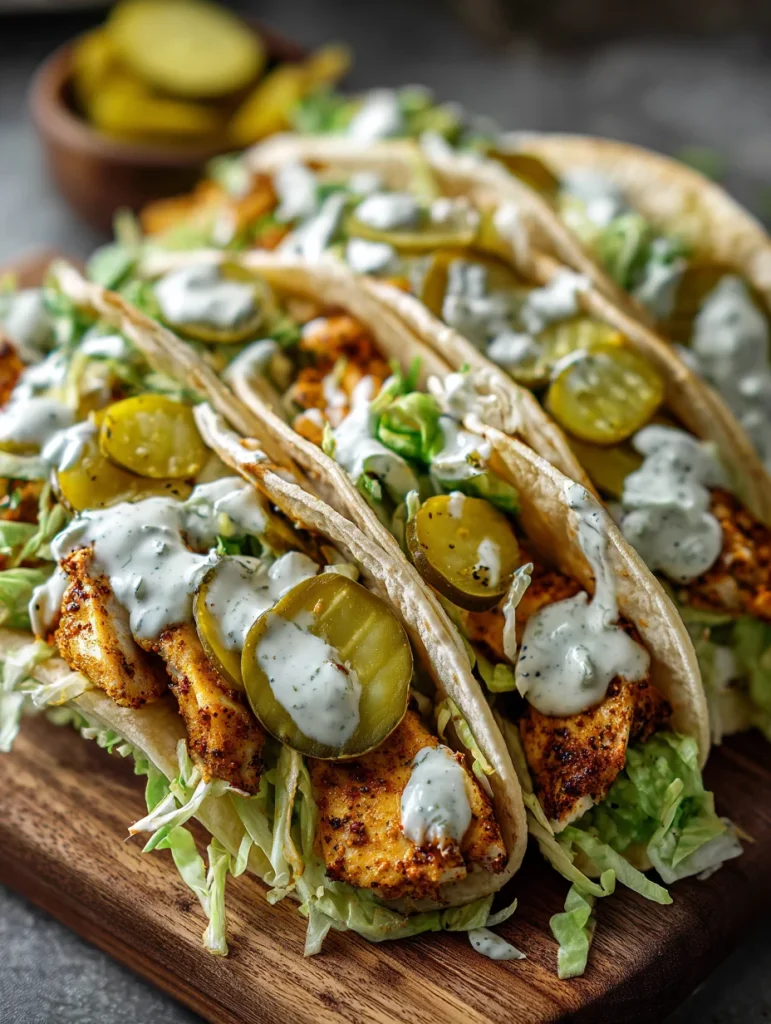Dill pickle ranch smash chicken tacos with crispy chicken, pickles, lettuce, and creamy ranch sauce.