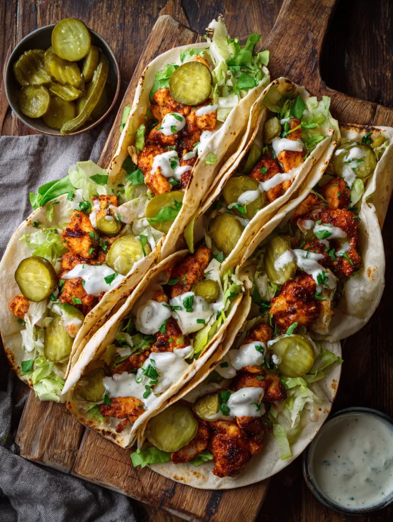 Dill pickle ranch smash chicken tacos with crispy chicken, pickles, lettuce, and ranch sauce on a wooden board.