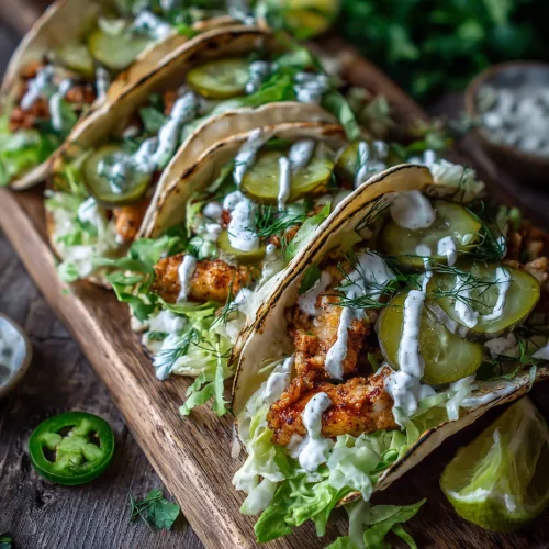 Dill pickle ranch smash chicken tacos with crispy chicken, pickles, lettuce, and ranch drizzle on tortillas.