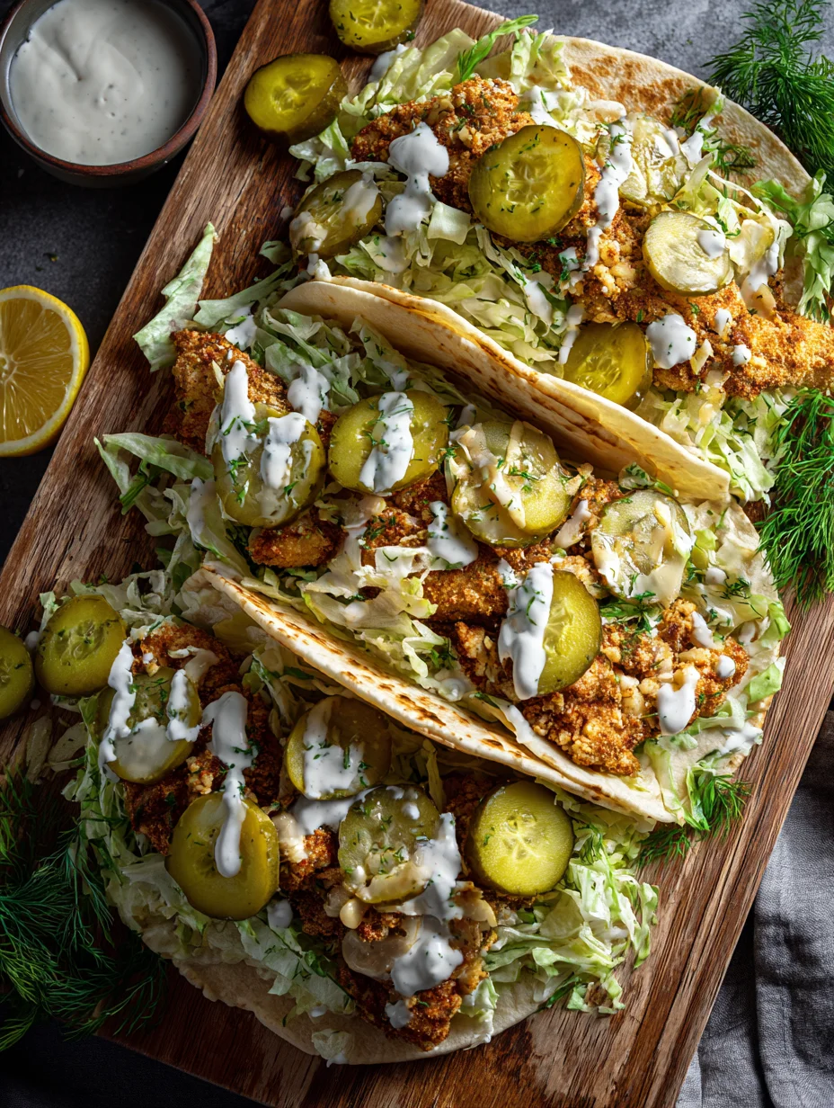 Dill pickle ranch smash chicken tacos with crispy chicken, shredded lettuce, pickles, and creamy ranch sauce.