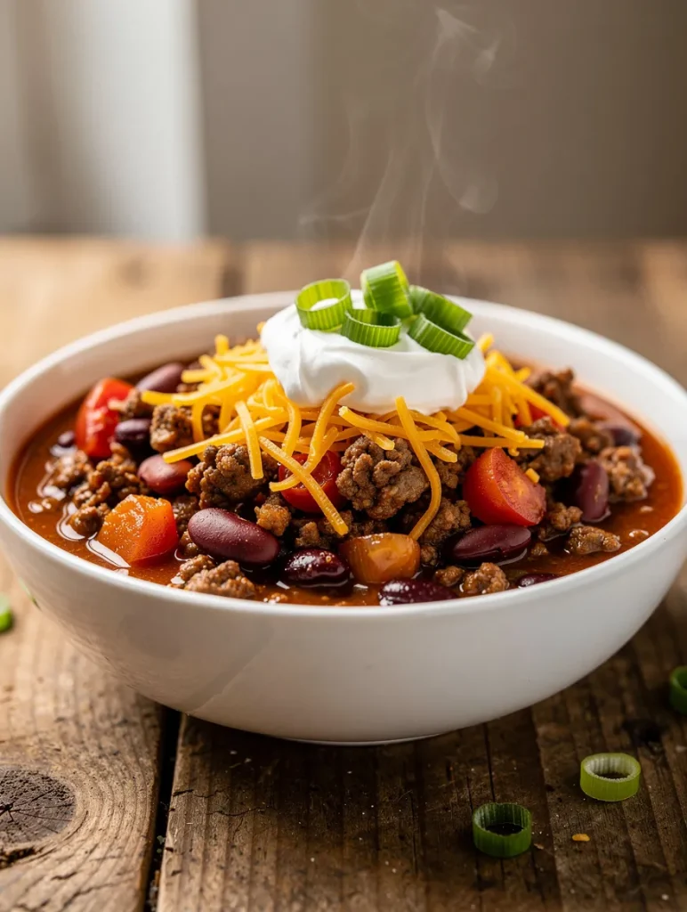 Easy chili recipe topped with cheese, sour cream, and green onions