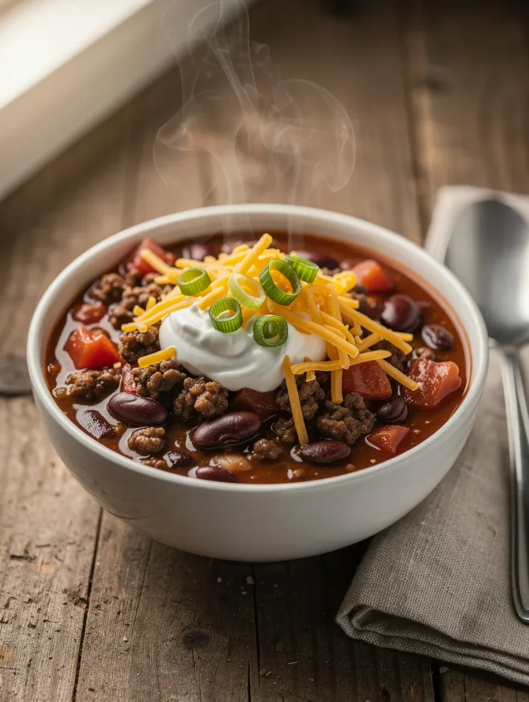 Easy chili recipe with ground beef, beans, cheese, and sour cream