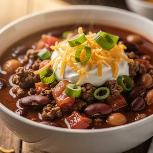 Easy chili recipe with beans, ground beef, cheese, and sour cream topping