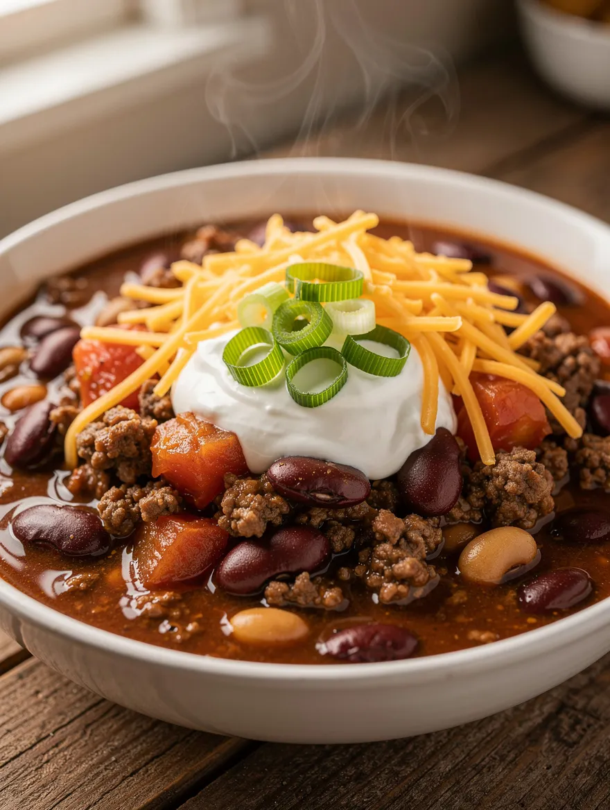 Easy chili recipe with ground beef, beans, cheese, sour cream, and green onions