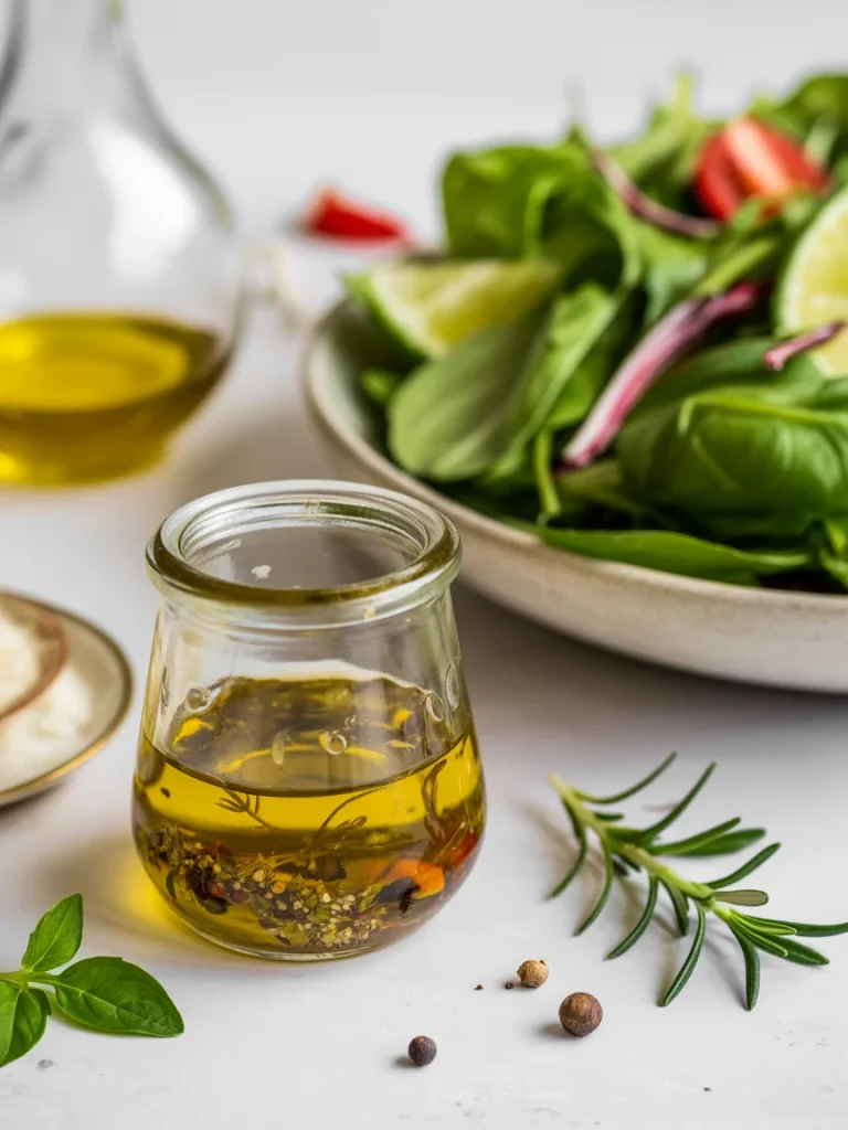 Homemade salad dressing in glass jar with herbs, spices, and fresh salad