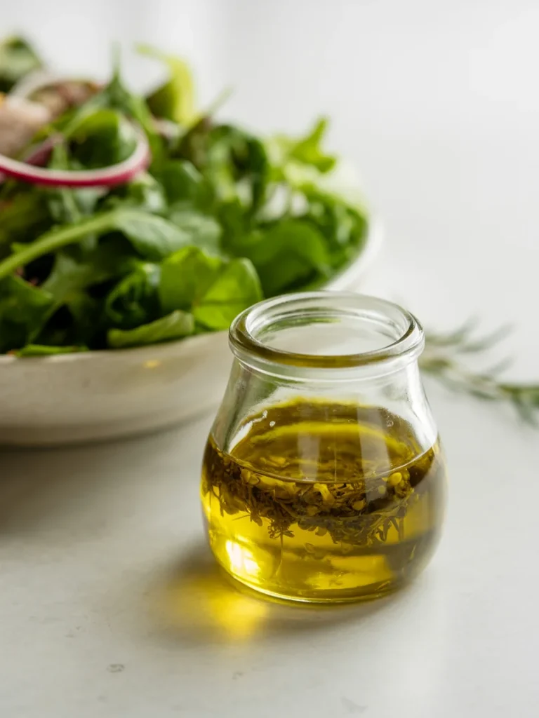 Homemade herb salad dressing in glass jar with fresh green salad in background