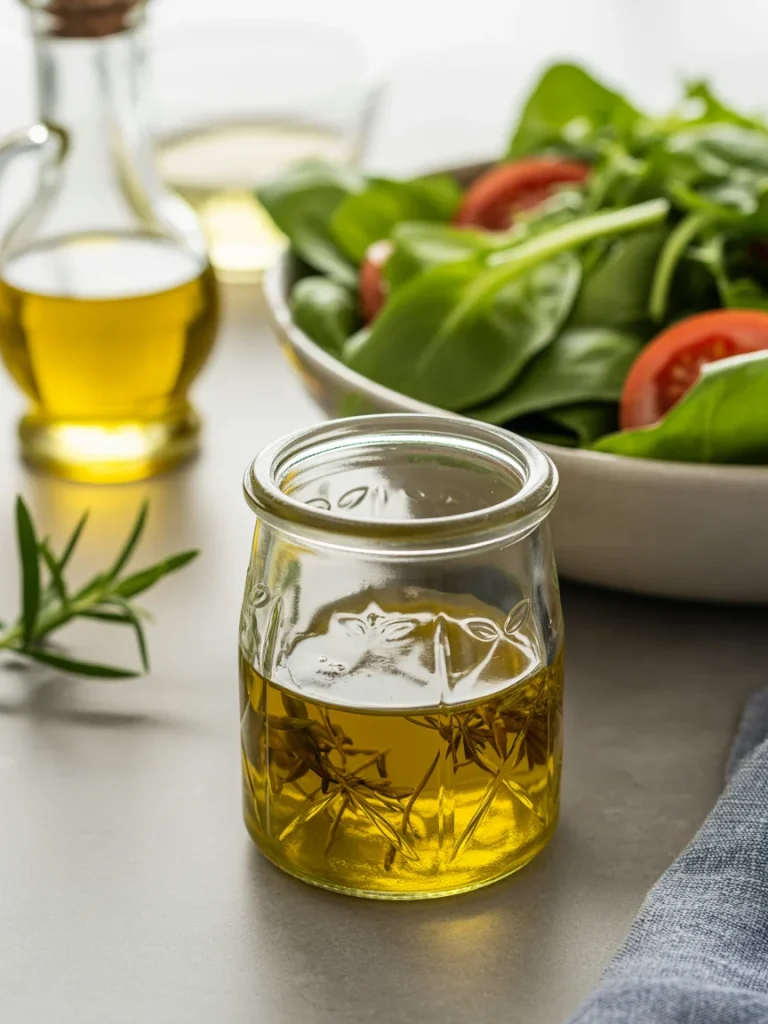 Easy homemade salad dressing in glass jar with herbs and fresh salad