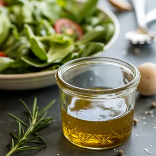 Simple homemade salad dressing in glass jar with herbs and fresh salad