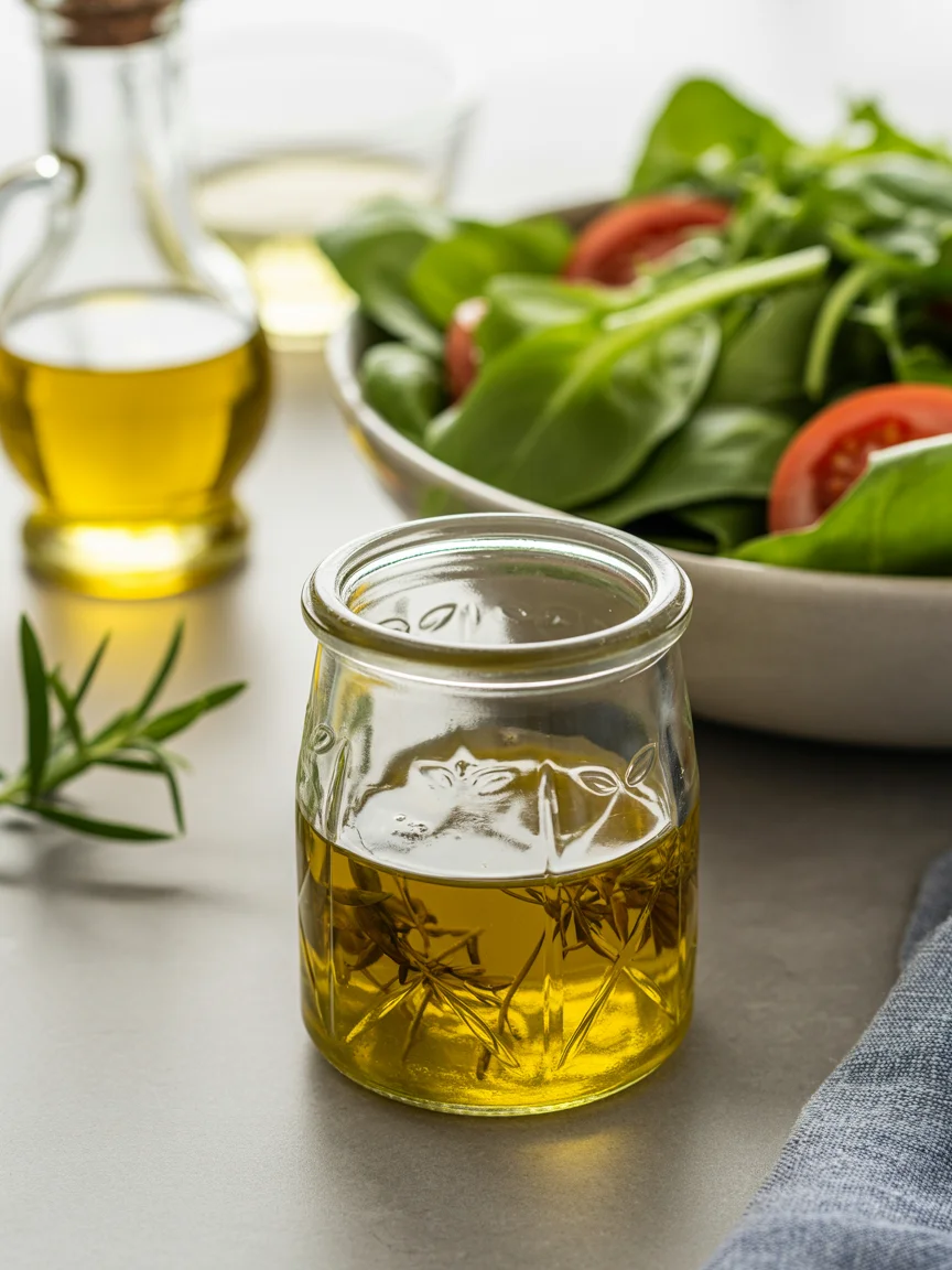 Easy homemade salad dressing in glass jar with herbs and fresh salad