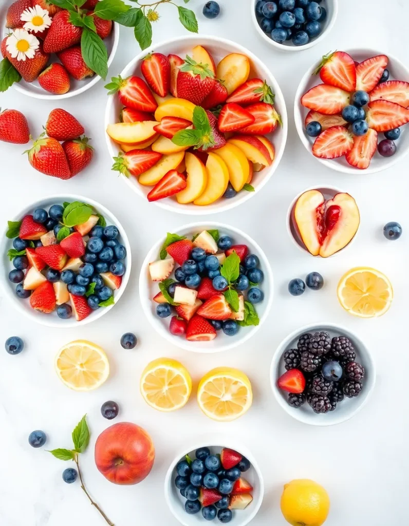 Assorted spring fruit bowls with strawberries, blueberries, peaches, lemons, and fresh mint arranged on a white background.