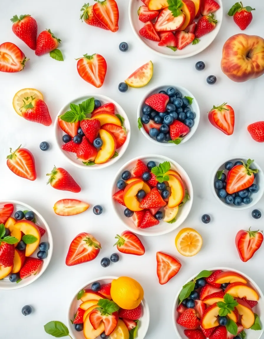 Colorful spring fruit bowls with strawberries, blueberries, peaches, and lemon slices arranged on a light background.