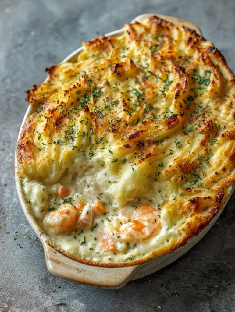 French fish pie with creamy shrimp and fish filling topped with golden mashed potatoes.