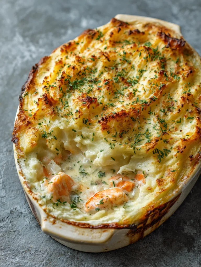 French fish pie with creamy seafood filling and golden mashed potato topping.