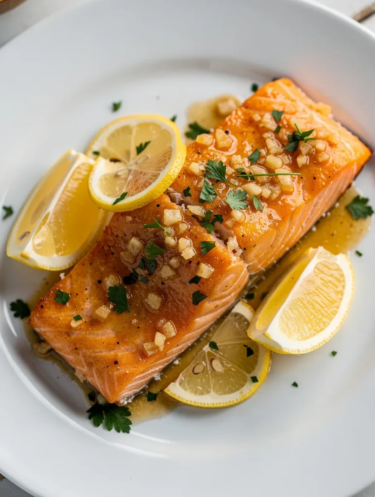Garlic butter baked salmon with minced garlic, lemon slices, and parsley on a white plate