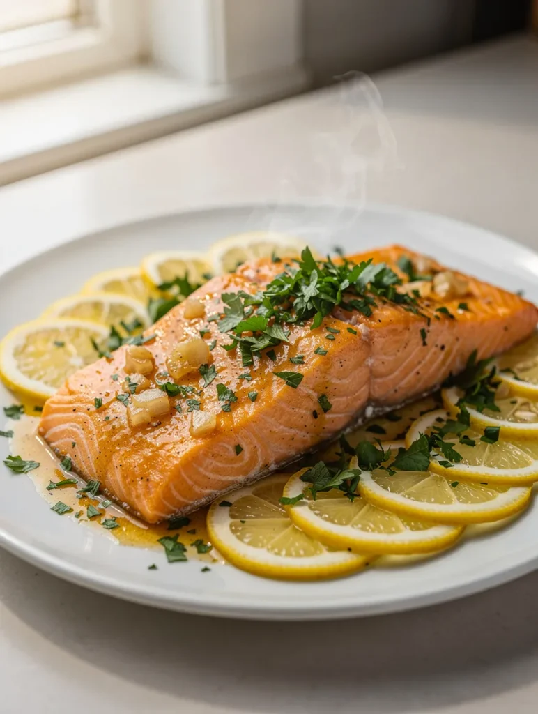 Garlic butter baked salmon with lemon slices, fresh parsley, and melted butter sauce on a white plate