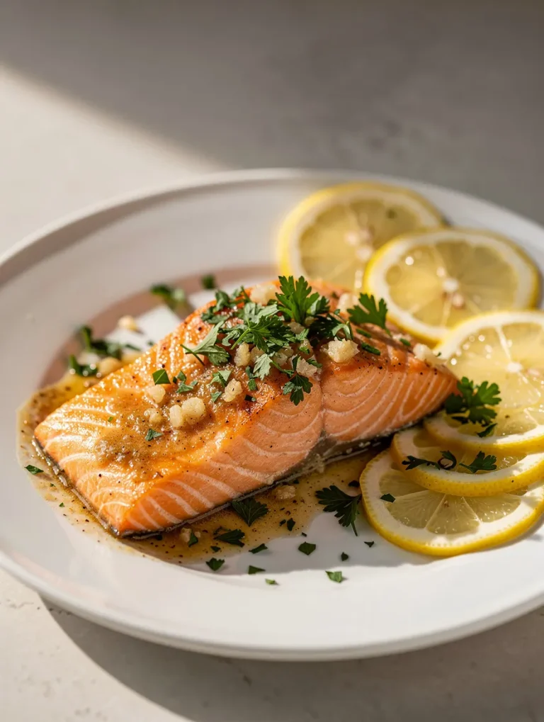 Garlic butter baked salmon fillet with lemon slices and fresh parsley on a white plate