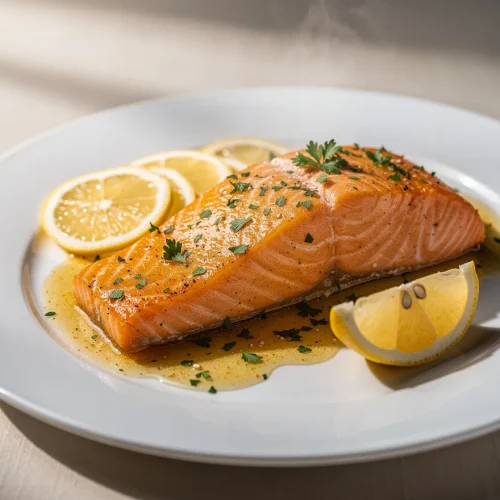 Garlic butter baked salmon fillet with lemon slices and parsley on a white plate