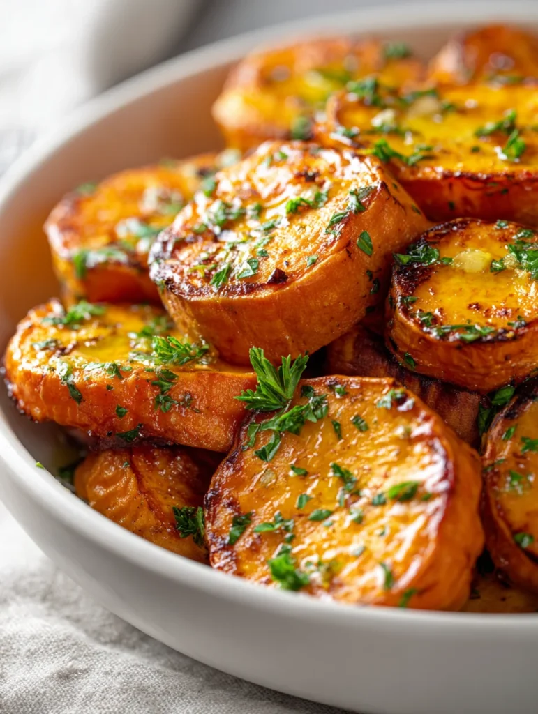 Garlic butter roasted sweet potato rounds with parsley