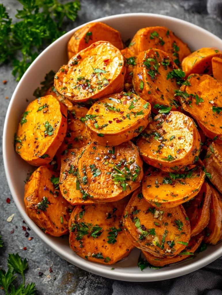 Garlic butter roasted sweet potato slices with herbs