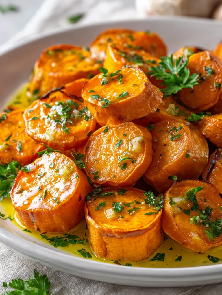 Garlic butter roasted sweet potato slices with herbs