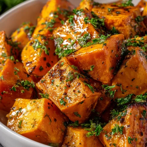 Garlic butter roasted sweet potato cubes with herbs