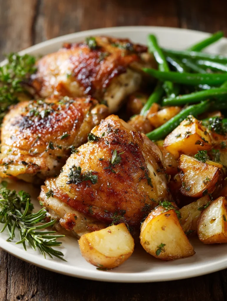 Garlic herb roasted chicken thighs with crispy potatoes and green beans on a rustic plate.