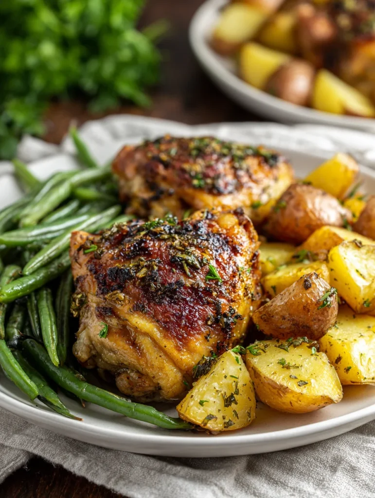 Garlic herb chicken thighs with roasted potatoes and sautéed green beans on a plate.