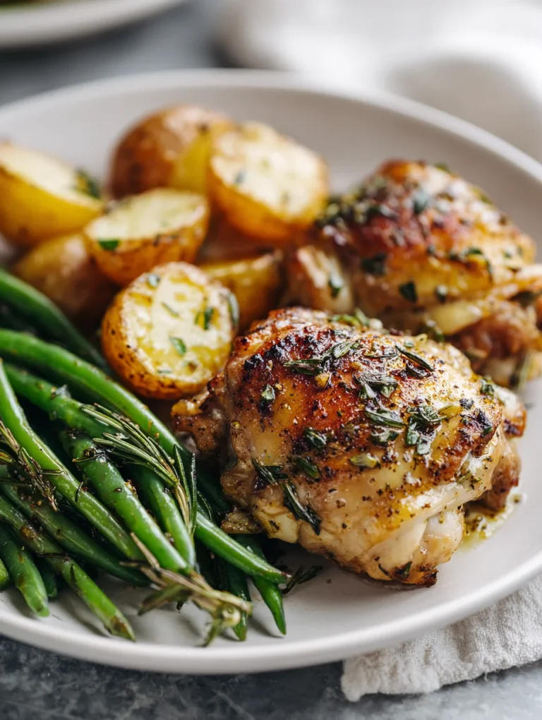 Garlic herb chicken thighs with roasted potatoes and green beans on a white plate.