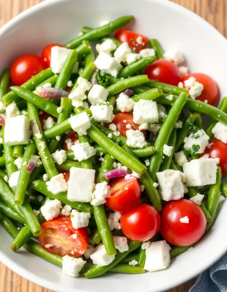 Green bean and feta salad with cherry tomatoes and red onion in a white bowl