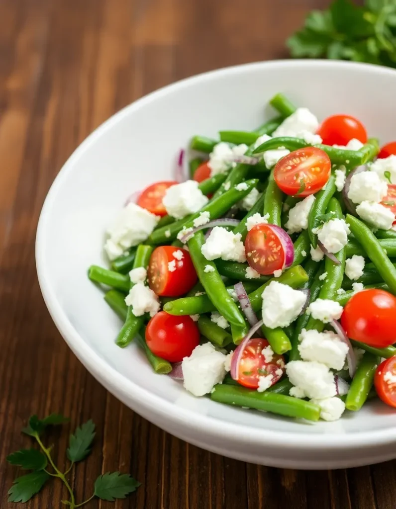 Green bean and feta salad with cherry tomatoes and red onion in a white bowl