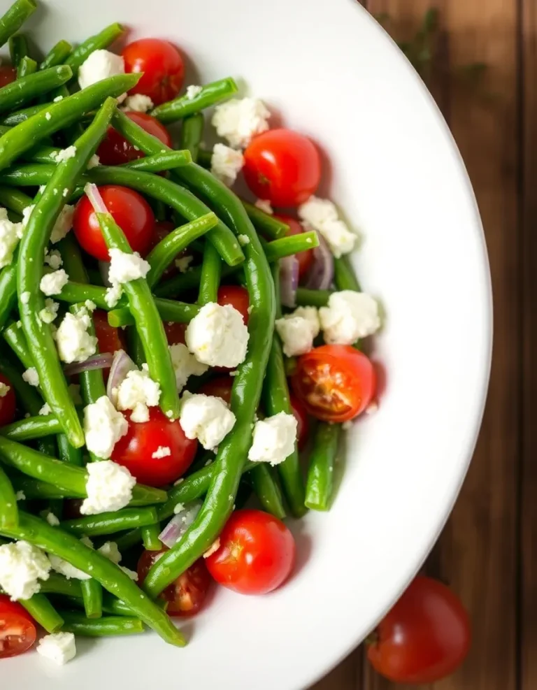 Green bean and feta salad with cherry tomatoes and red onion on a white plate