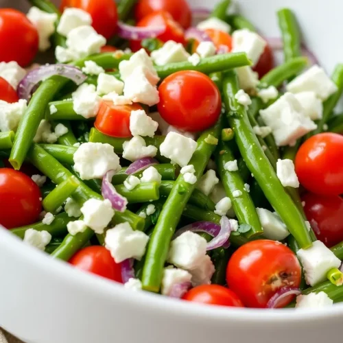 Green bean and feta salad with cherry tomatoes and red onion in a white bowl