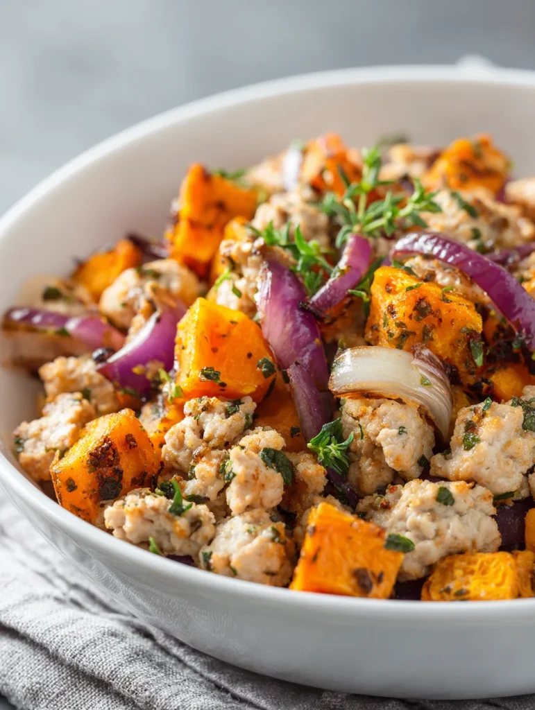 Ground turkey and roasted sweet potatoes with red onions and herbs in a bowl.