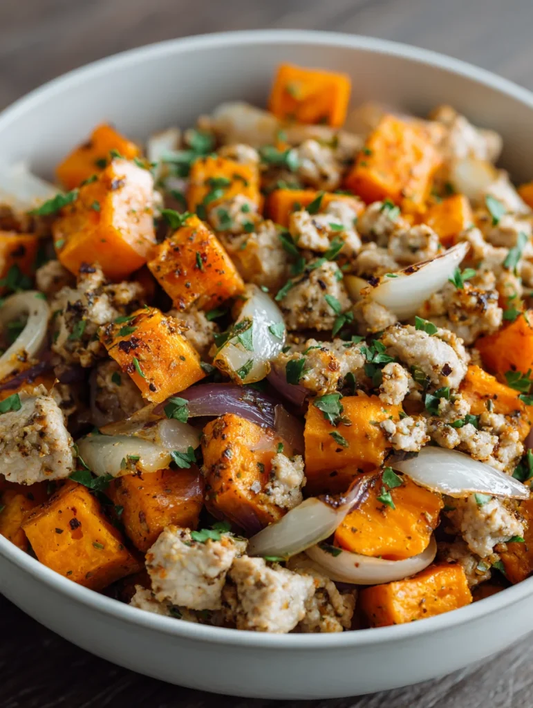 Ground turkey with roasted sweet potatoes and onions, garnished with fresh herbs.