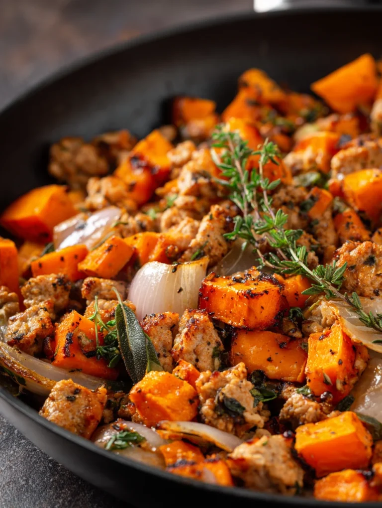 Ground turkey and sweet potato skillet with onions and fresh herbs.