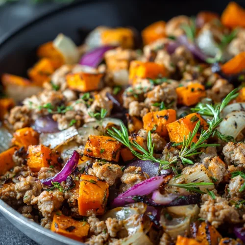 Ground turkey and roasted sweet potato skillet with red onions and rosemary.