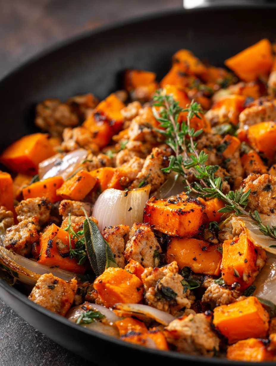 Ground turkey and sweet potato skillet with onions and fresh herbs.