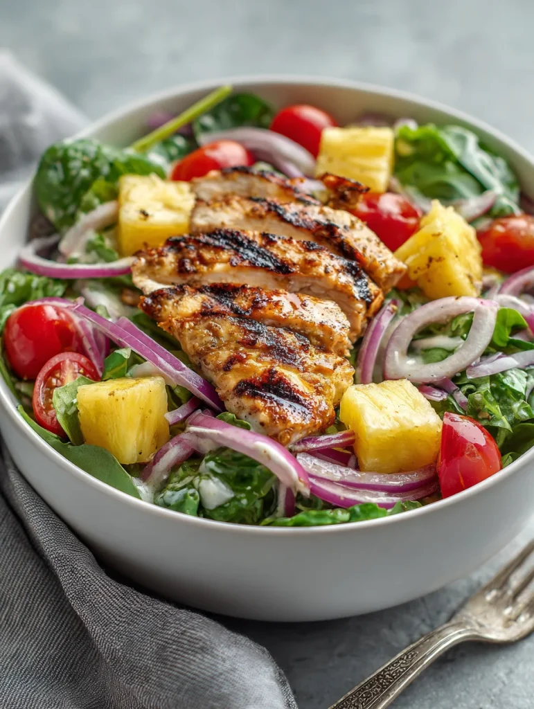 Grilled Hawaiian chicken salad with pineapple, cherry tomatoes, red onion, and greens.