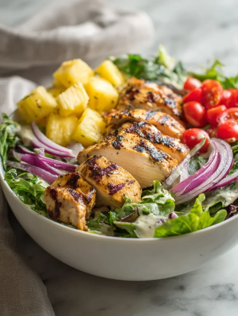 Grilled Hawaiian chicken salad with pineapple chunks, cherry tomatoes, red onion, and mixed greens.