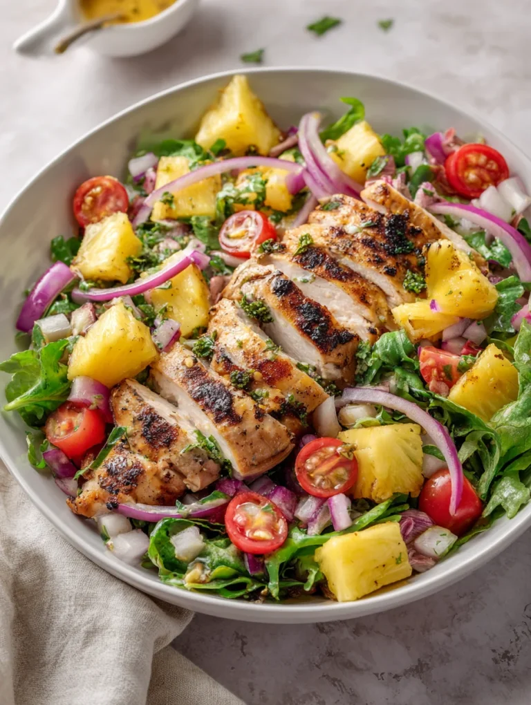 Hawaiian chicken salad with grilled chicken, pineapple, cherry tomatoes, and red onion.