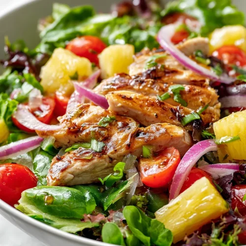 Hawaiian chicken salad with grilled chicken, pineapple chunks, cherry tomatoes, red onion, and mixed greens.