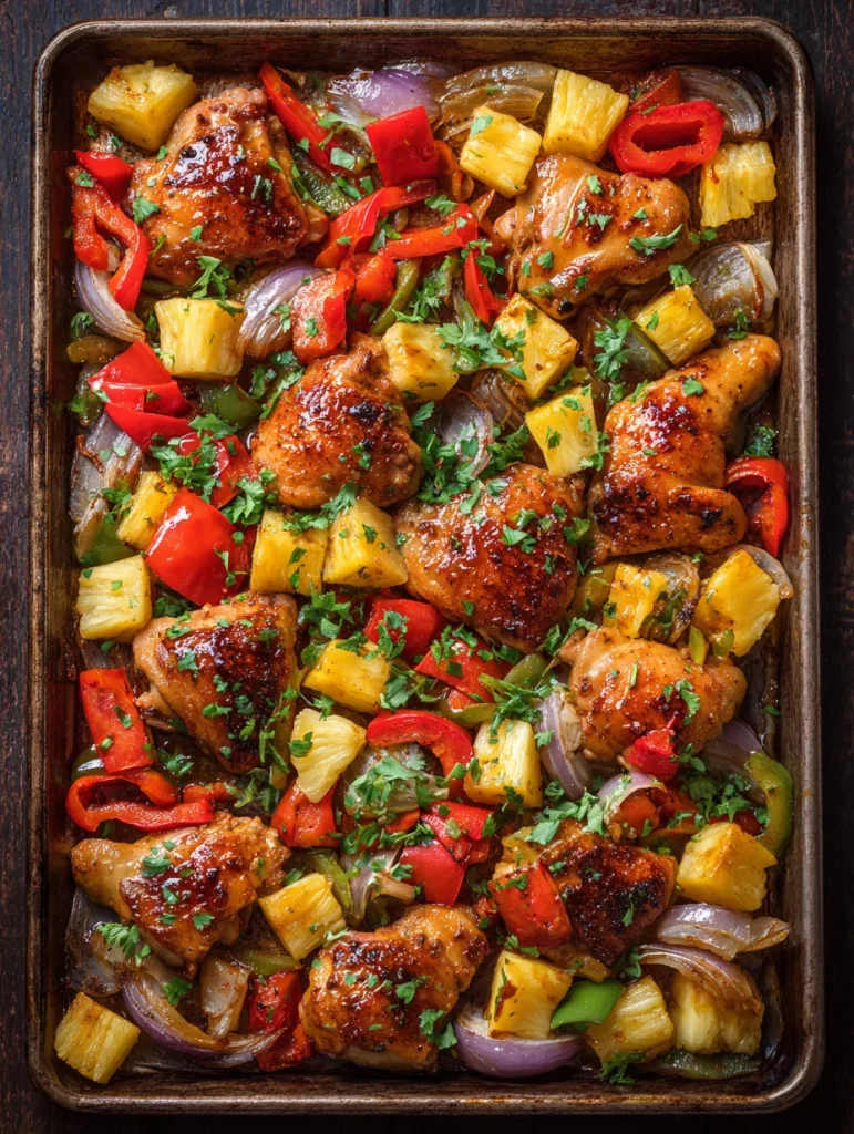 Hawaiian chicken sheet pan with roasted chicken, pineapple, bell peppers, and red onions.