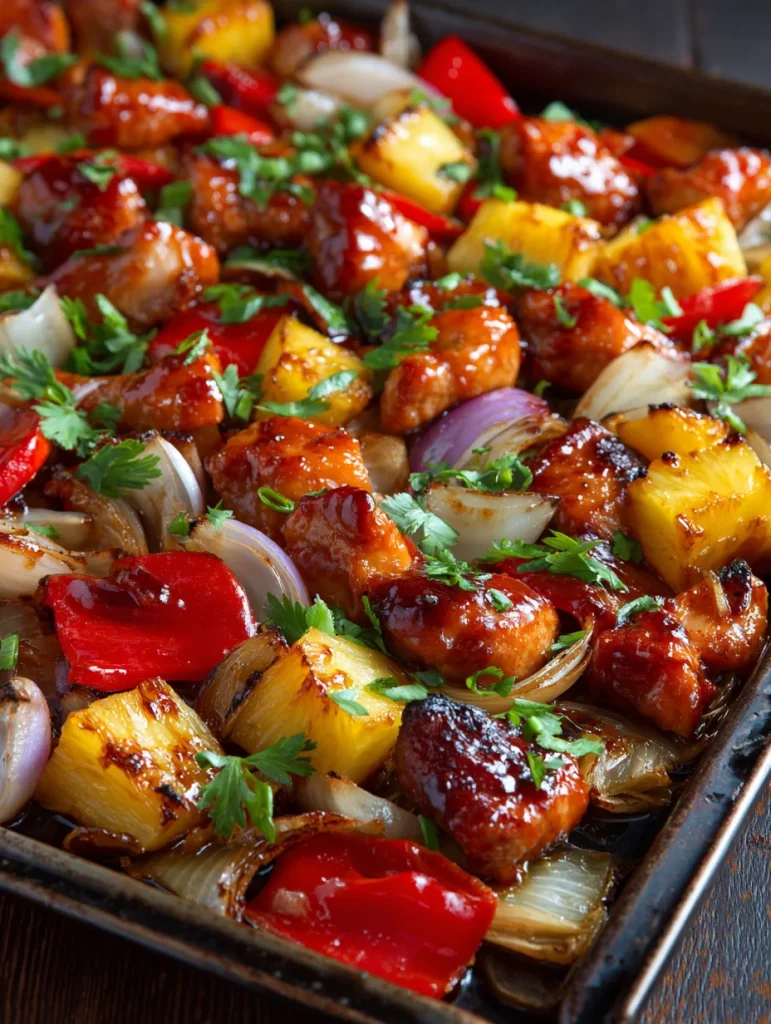 Close-up Hawaiian chicken sheet pan with glazed chicken, pineapple chunks, bell peppers, and onions.
