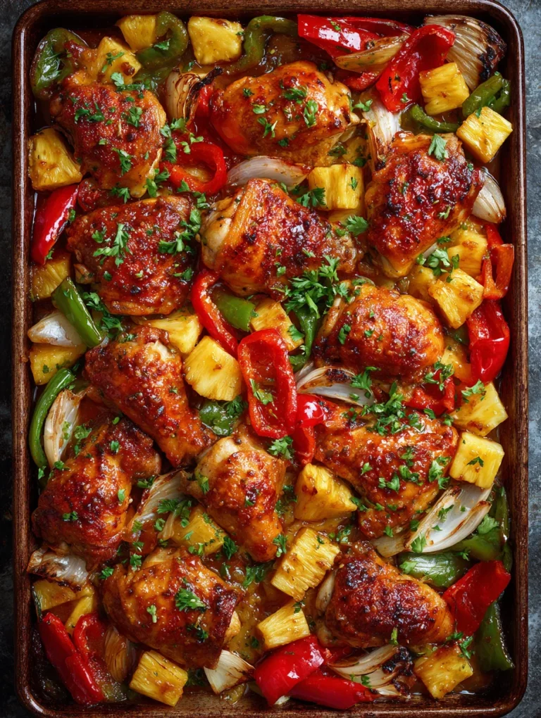 Hawaiian chicken sheet pan with roasted chicken thighs, pineapple chunks, bell peppers, and onions.