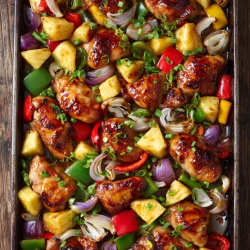 Hawaiian chicken sheet pan recipe with roasted chicken, pineapple, bell peppers, and onions.