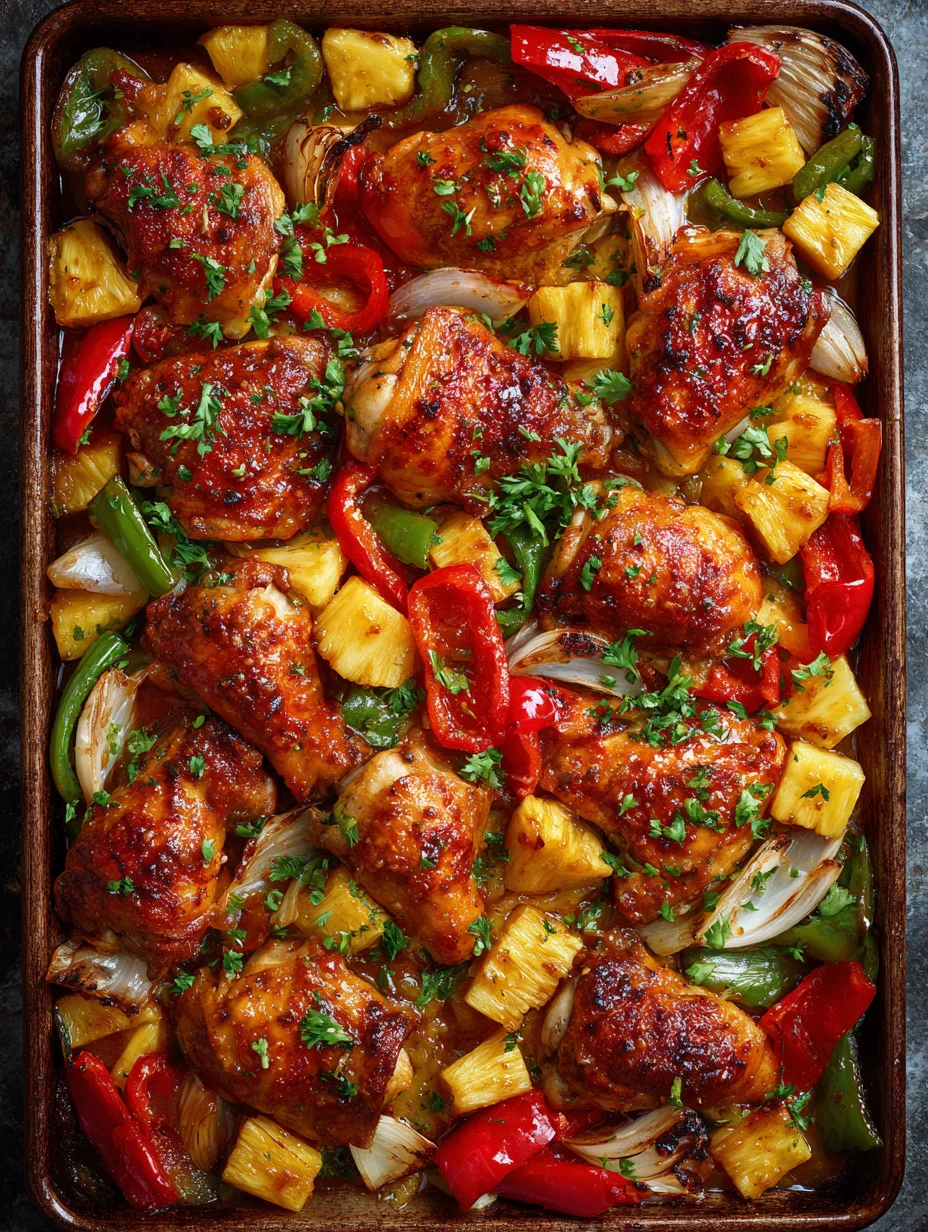 Hawaiian chicken sheet pan with roasted chicken thighs, pineapple chunks, bell peppers, and onions.